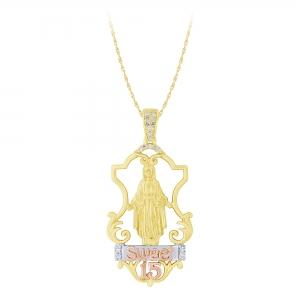 Sweet 15® Natural Diamonds Virgen Maria Quinceanera Pendant - 0.10 Ct. T.w. in 14K Tri-color Gold