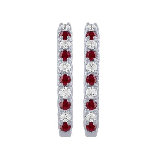 Ruby and Diamond Heart-set Huggie Hoops - 0.50 Ct. T.w. in 14K White Gold