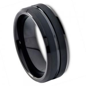 Black IP Plated Shiny Grooved Center Brushed Beveled Edge - 8MM Band