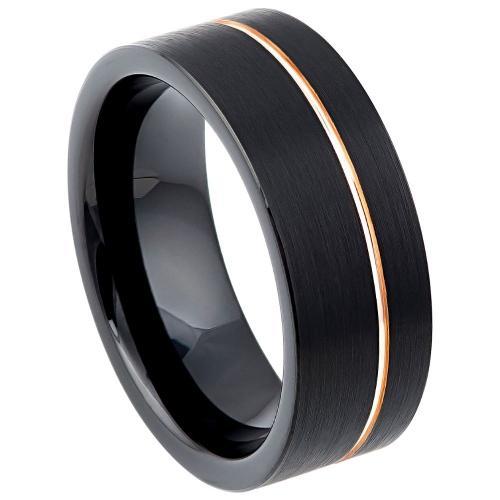 Black IP Plated with Off Center Rose Gold Plated Groove - 8MM Band