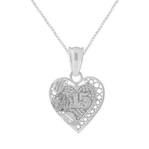 Sweet 15® Filigree Heart Quinceanera Pendant with Rose - 0.12 Ct. T.w. in 14K White Gold