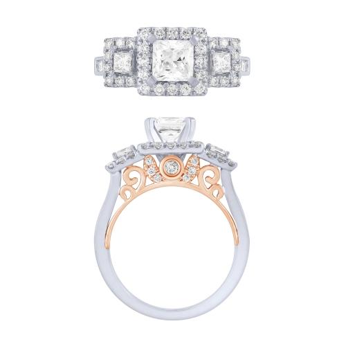 Diani®  3-stone Cubic Zirconia Halo Crown Bridal Ring with Princess-cut Center (Pave and Prong setting) - 1 Ct. T.w. in 14K White Rose Gold