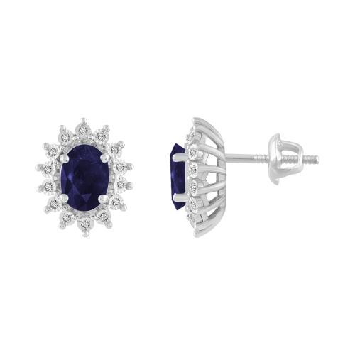 Oval Sapphire Starburst Halo Diamond Screw Studs - 1.80 Ct. T.w. in 14K White Gold
