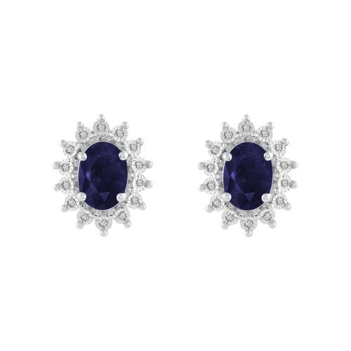 Oval Sapphire Starburst Halo Diamond Screw Studs - 1.80 Ct. T.w. in 14K White Gold