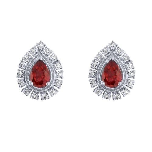 Pear-cut Ruby Sunburst Halo Diamond Screw Studs - 2 Ct. T.w. in 14K White Gold