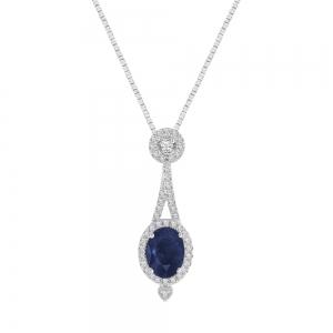 Oval Sapphire Drop Halo Diamond Pendant - 1.86 Ct. T.w. in 14K White Gold