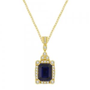 Emerald-cut Sapphire Halo Diamond Pendant - 0.25 Ct. T.w. in 14K Yellow Gold