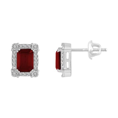 Emerald-cut Ruby Halo Screw Studs - 0.25 Ct. T.w. in 14K White Gold