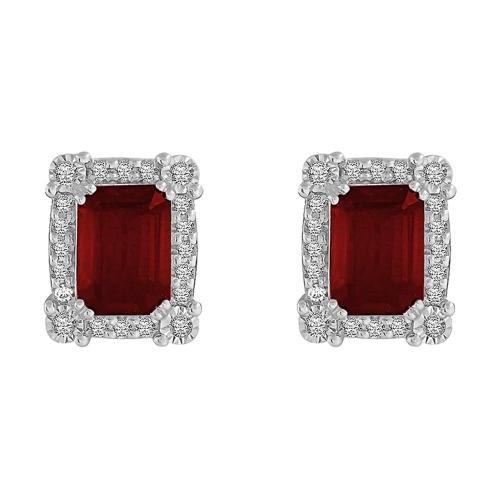 Emerald-cut Ruby Halo Screw Studs - 0.25 Ct. T.w. in 14K White Gold