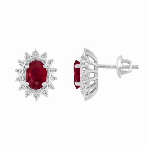 Oval Ruby Starburst Diamond Screw Studs - 2.33 Ct. T.w. in 14K White Gold