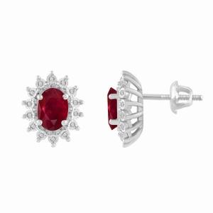 Oval Ruby Starburst Diamond Screw Studs - 2.33 Ct. T.w. in 14K White Gold