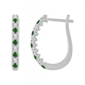 Emerald and Diamond Heart-set Huggie Hoops - 0.60 Ct. T.w. in 14K White Gold