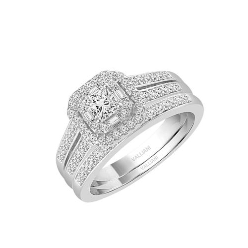 Diani® 3-row Princess-cut and Baguette Bridal Ring Set - 0.75 Ct. T.w. in 14K White Gold