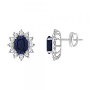Oval Sapphire Starburst Diamond Screw Studs - 4.45 Ct. T.w. in 14K White Gold