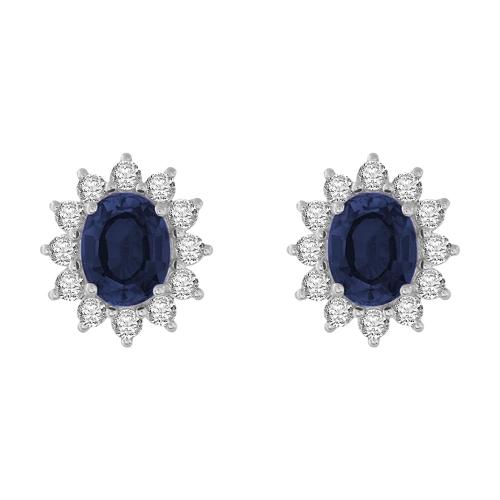 Oval Sapphire Starburst Diamond Screw Studs - 4.45 Ct. T.w. in 14K White Gold