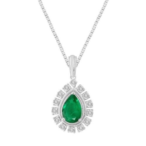 Pear-cut Emerald Sunburst Halo Diamond Pendant - 1.50 Ct. T.w. in 14K White Gold