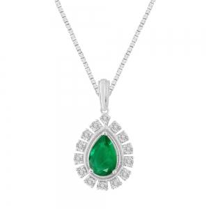 Pear-cut Emerald Sunburst Halo Diamond Pendant - 1.50 Ct. T.w. in 14K White Gold