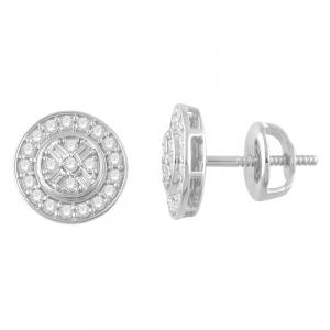 1/2 Ct. T.w. Diamond Round and Baguette Halo Stud Earrings In 14Kt White Gold