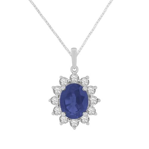 Sapphire Starburst Halo Diamond Pendant - 3 Ct. T.w. in 14K White Gold