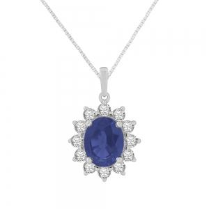 Sapphire Starburst Halo Diamond Pendant - 3 Ct. T.w. in 14K White Gold