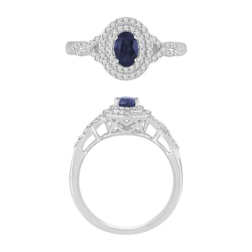 Oval Sapphire Double Halo Ring with Twisted Diamond Shank - 0.33 Ct. T.w. in 10K White Gold