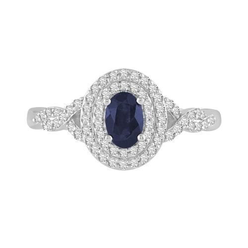 Oval Sapphire Double Halo Ring with Twisted Diamond Shank - 0.33 Ct. T.w. in 10K White Gold