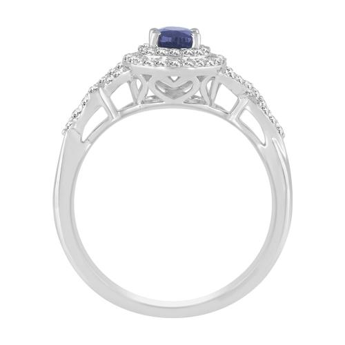 Oval Sapphire Double Halo Ring with Twisted Diamond Shank - 0.33 Ct. T.w. in 10K White Gold