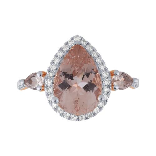 Pear Morganite Halo 3-Stone Diamond Ring - 0.30 Ct. T.w. in 10K Rose Gold