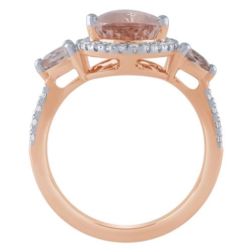 Pear Morganite Halo 3-Stone Diamond Ring - 0.30 Ct. T.w. in 10K Rose Gold