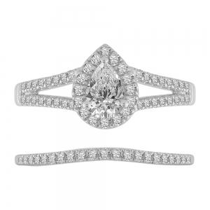 1/2 Ct. Center & 1 Ct. T.w. Lab-grown Pear Halo Split Shank Wedding Ring Set - Novello In 14Kt White Gold
