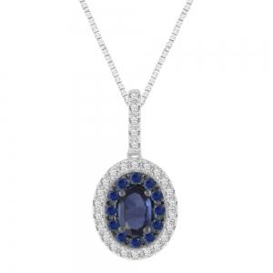 Oval Sapphire Double Halo Diamond Pendant - 0.20 Ct. T.w. in 14K White Gold