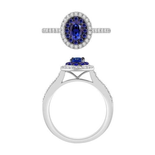 Oval Sapphire Double Halo Diamond Ring - 0.30 Ct. T.w. in 14K White Gold