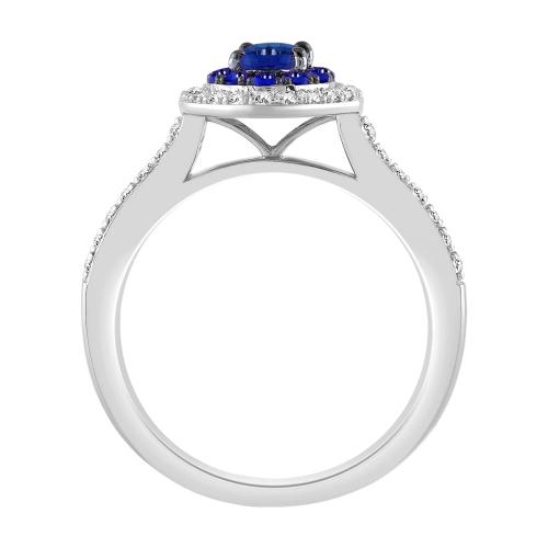 Oval Sapphire Double Halo Diamond Ring - 0.30 Ct. T.w. in 14K White Gold
