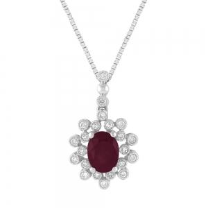 Oval Ruby Milgrain Floral Diamond Pendant - 0.50 Ct. T.w. in 10K White Gold