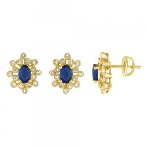Oval Sapphire Starburst Halo Diamond Screw Studs - 0.25 Ct. T.w. in 10K Yellow Gold