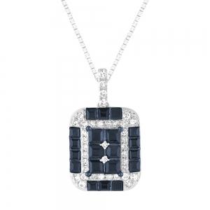 Square-cut Sapphires Checkerboard Diamond Pendant - 0.20 Ct. T.w. in 14K White Gold