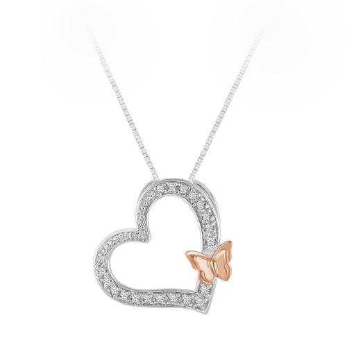 Novello Lab-grown Diamond Butterfly Accent Open Heart Pendant 0.10 Ct. T.w. in 10Kt White Rose Gold