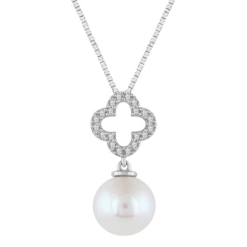Clover with Drop Pearl Diamond Pendant - 0.16 Ct. T.w. in 10K White Gold