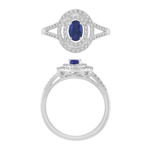 Oval Sapphire Double Halo Diamond Ring - 0.25 Ct. T.w. in 10K White Gold