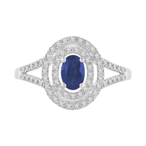 Oval Sapphire Double Halo Diamond Ring - 0.25 Ct. T.w. in 10K White Gold