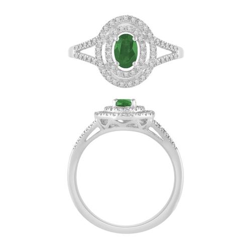 Oval Emerald with Double Halo & Split Shank Diamond Ring - 0.25 Ct. T.w. in 10K White Gold