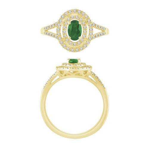 Oval Emerald with Double Halo & Split Shank Diamond Ring - 0.25 Ct. T.w. in 10K Yellow Gold