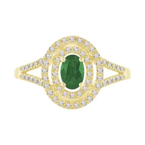 Oval Emerald with Double Halo & Split Shank Diamond Ring - 0.25 Ct. T.w. in 10K Yellow Gold