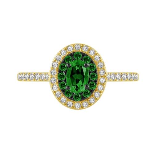 Oval Emerald with Double Halo Diamond Ring - 0.30 Ct. T.w. in 14K Yellow Gold