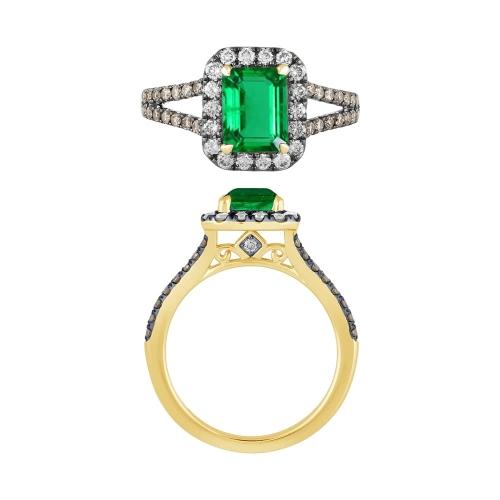 Emerald with Black Rhodium Accents Halo Diamond Ring - 0.75 Ct. T.w. in 10K Yellow Gold