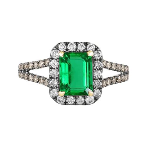 Emerald with Black Rhodium Accents Halo Diamond Ring - 0.75 Ct. T.w. in 10K Yellow Gold