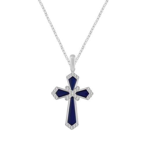 0.13CT. T.W. DIAMOND BLUE ENAMEL CROSS PENDANT IN 10K GOLD