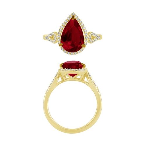Pear-cut Ruby Halo with Diamond Accented Shank Ring - 0.25 Ct. T.w. in 10K Yellow Gold