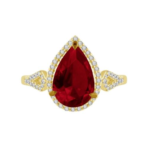 Pear-cut Ruby Halo with Diamond Accented Shank Ring - 0.25 Ct. T.w. in 10K Yellow Gold