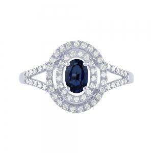 Oval Sapphire Double Halo Diamond Ring - 0.25 Ct. T.w. in 14K White Gold
